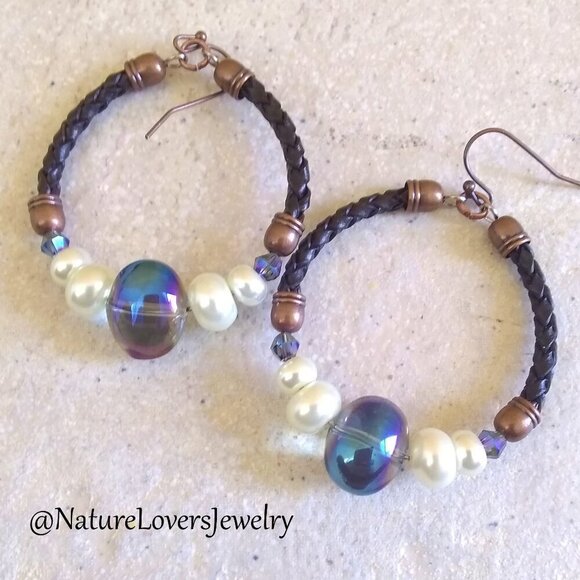 Boho Leather Hoop Earrings with Crystals & Pearls | Handmade Rustic Chic Jewelry - Picture 6 of 12